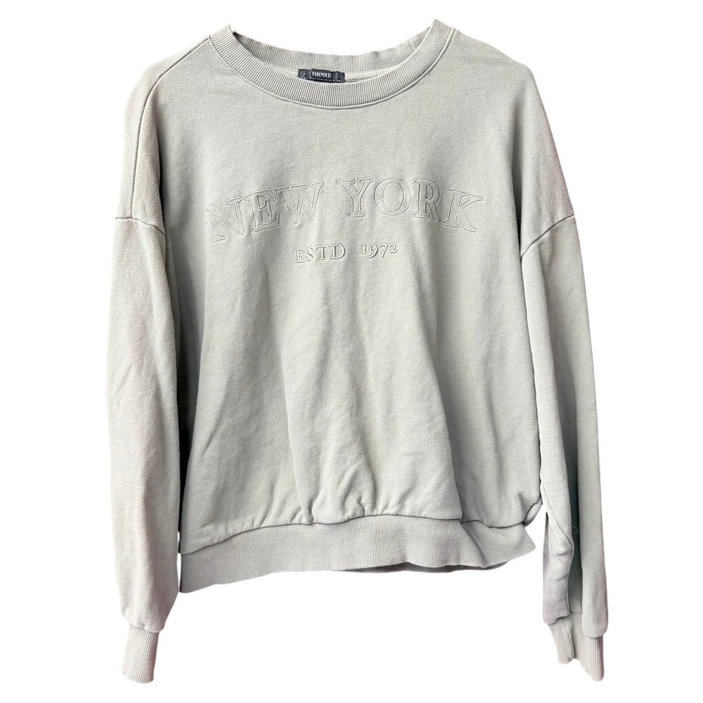 Forever 21 Sweatshirt Womens Large Green New York ESTD 1972 Graphic Pullover